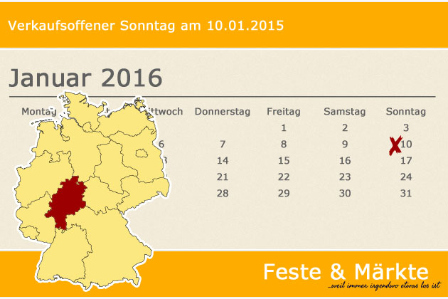 In Hessen haben wir für den 10.01.2016 leider keine regulären verkaufsoffenen Sonntage gefunden, dafür haben wir aber spezielle Shoppingtipps für Frankfurt am Main, Wiesbaden, Kassel und Darmstadt.