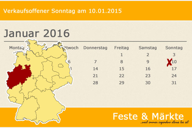 In Nordrhein-Westfalen laden am 10.01.2016 die Orte Bergheim, Köln, Sassenberg und Wachtberg zum verkaufsoffenen Sonntag ein. Außerdem haben wir haben wir spezielle Shoppingtipps für Dortmund, Düsseldorf und Essen.