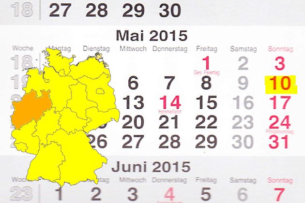 In Nordrhein-Westfalen laden am 10.05.2015 die Orte Altenberge, Alsdorf, Bad Salzuflen, Bedburg-Hau, Bergheim, Bergisch Gladbach, Bochum, Drensteinfurt, Düsseldorf, Gelsenkirchen, Geseke, Grefrath, Gummersbach, Hilchenbach, Hückelhoven, Kaarst, Kempen, 