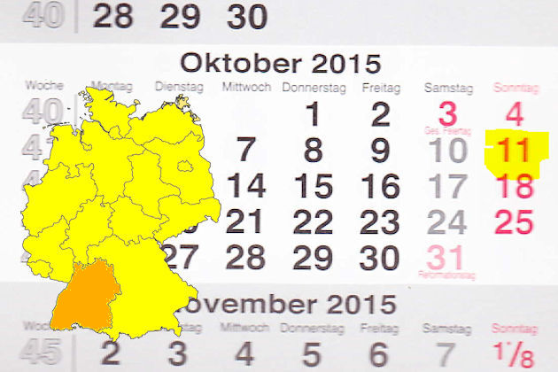 In Baden-Württemberg laden am 11.10.2015 die Orte Aulendorf, Bad Krozingen, Bad Wurzach, Bopfingen, Fellbach, Heidenheim an der Brenze, Karlsruhe, Kehl, Konstanz, Kuppenheim, Lauchringen, Laufenburg (Baden), Lörrach, Nagold, Oberstenfeld, Ochsenhausen, 