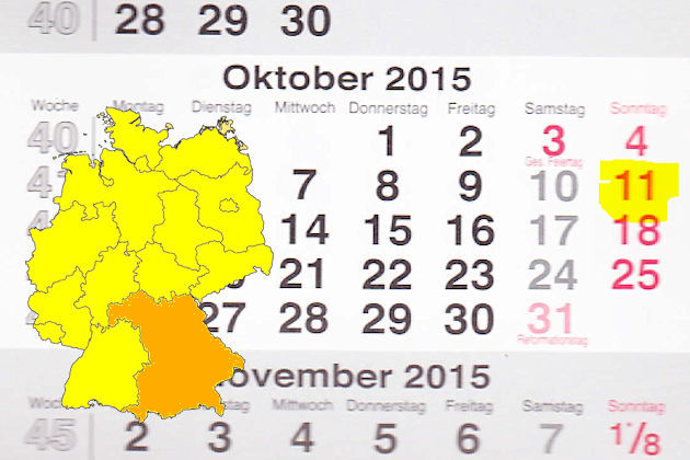 In Bayern laden am 11.10.2015 die Orte Bad Tölz, Bamberg, Beilngries, Cham (Oberpfalz), Dachau, Dasing, Dinkelsbühl, Donauwörth, Ebern, Eggenfelden, Freising, Fürth, Gerolzhofen, Gilching, Großheubach, Kemnath, Landshut, Mainburg, Memmingen, Osterhof