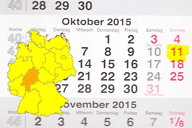 In Hessen laden am 11.10.2015 die Orte Bad Homburg, Bad Wildungen, Bruchköbel, Elz, Erbach (Odenwald), Gelnhausen, Groß-Zimmern, Idstein, Korbach, Linsengericht, Marburg, Nidderau, Rimbach und Rüsselsheim (teilweise) zum verkaufsoffenen Sonntag ein.