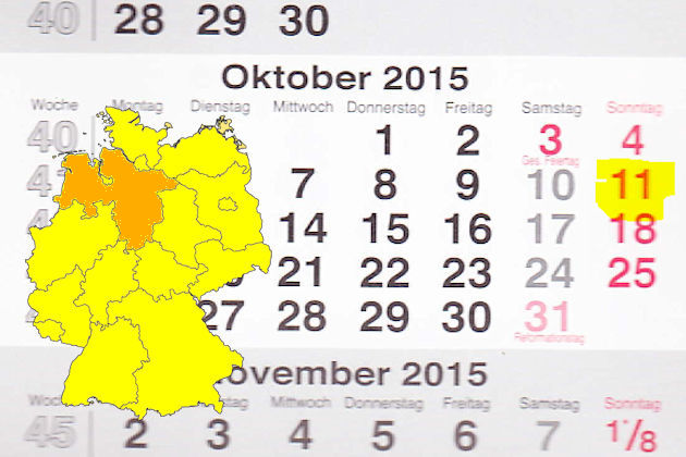 In Niedersachsen laden am 11.10.2015 die Orte Bremervörde, Delmenhorst, Duderstadt, Einbeck, Elsfleth, Himmelpforten, Jever, Löningen, Oldenburg, Schapen, Varel, Wiesmoor, Winsen (Luhe), Wolfenbüttel und Wolfsburg (teilweise) zum verkaufsoffenen Sonnta