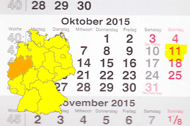In Nordrhein-Westfalen laden am 11.10.2015 die Orte Alpen, Anröchte, Arnsberg, Bad Lippspringe, Bad   Oeynhausen, Bergkamen, Bielefeld, Brakel, Burscheid, Datteln, Detmold, Dormagen, Dülmen, Elsdorf   (Rheinland), Erftstadt, Eslohe, Geilenkirchen, Grona