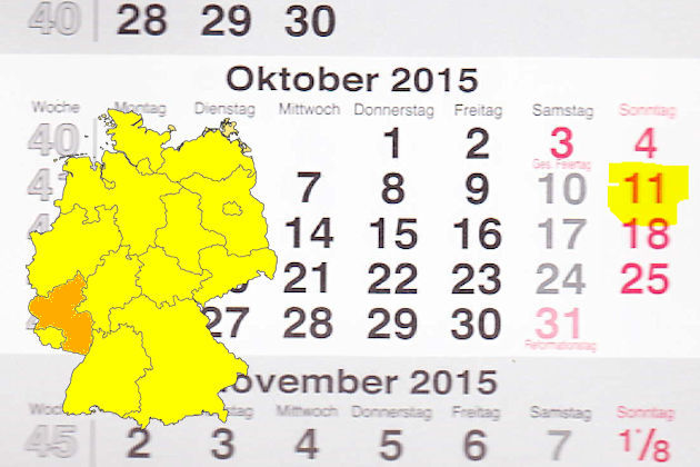 In Rheinland-Pfalz laden am 11.10.2015 die Orte Bellheim, Bingen am Rhein, Birkenfeld (Nahe), Gau-Algesheim, Katzenelnbogen, Kirchheimbolanden, Lahnstein, Lauterecken, Linz am Rhein, Mayen und Ransbach-Baumbach (teilweise) zum verkaufsoffenen Sonntag ein.