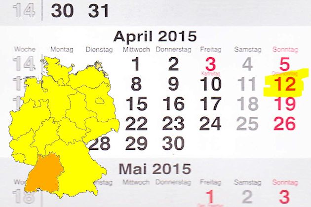 In Baden-Württemberg laden am 12.04.2015 die Orte Filderstadt, Geislingen an der Steige, Horb am Neckar, Schwaigern und Westerheim (Württemberg) zum verkaufsoffenen Sonntag ein.