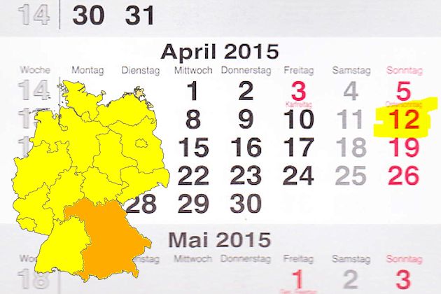 In Bayern laden am 12.04.2015 die Orte Grafing, Hunderdorf, Moosburg an der Isar, Neuburg an der Donau, Oberviechtach, Passau, Penzberg, Pfarrkirchen, Raubling, Sulzbach-Rosenberg, Traunstein und Zwiesel zum verkaufsoffenen Sonntag ein.