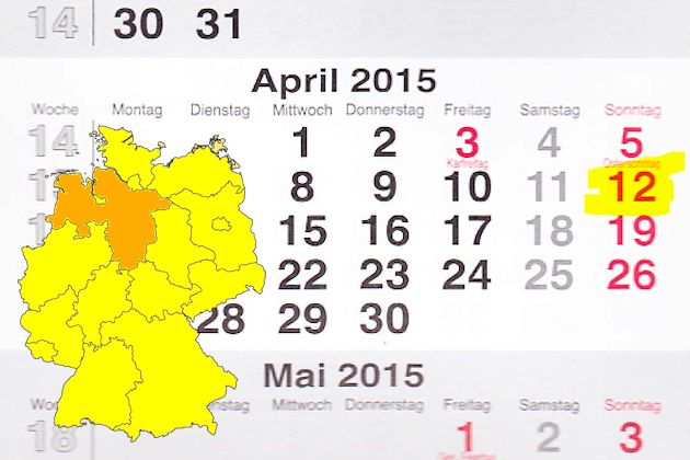 In Niedersachsen laden am 12.04.2015 die Orte Barnstorf, Bremervörde, Bückeburg, Celle, Emden, Emsbüren, Ganderkesee, Georgsmarienhütte, Goslar, Göttingen, Hagen am Teutoburger Wald, Hagen im Bremischen und Nordenham zum verkaufsoffenen Sonntag ein.