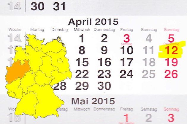 In Nordrhein-Westfalen laden am 12.04.2015 die Orte Bielefeld, Burgsteinfurt, Castrop-Rauxel, Detmold, Duisburg, Fröndenberg, Gummersbach, Hagen, Haltern, Ibbenbüren, Lübbecke, Oelde, Ostbevern, Petershagen, Recke, Rheinbach, Stadtlohn, Wesel und Wett
