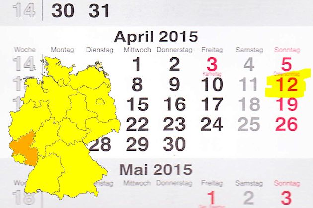 In Rheinland-Pfalz laden am 12.04.2015 die Orte Frankenthal (Pfalz), Freinsheim, Idar-Oberstein und Neuwied zum verkaufsoffenen Sonntag ein.