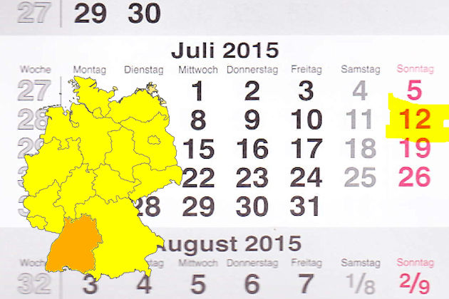 In Baden-Württemberg laden am 12.07.2015 die Orte Fellbach, Herbrechtingen und Östringen (teilweise) zum verkaufsoffenen Sonntag ein.