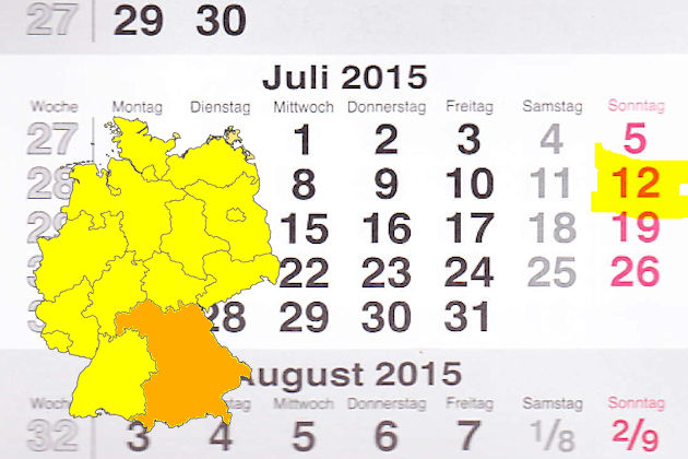 In Bayern laden am 12.07.2015 die Orte Cham (Oberpfalz), Creußen, Fürth, Gröbenzell, Mainburg, Oberammergau, Pfronten, Schönsee, Treuchtlingen, Velden (Vils) und Windsbach (teilweise) zum verkaufsoffenen Sonntag ein.