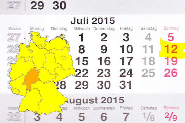In Hessen laden am 12.07.2015 die Orte Bad König, Bensheim, Hochheim am Main, Lorch am Rhein, Rodgau (teilweise) zum verkaufsoffenen Sonntag ein.