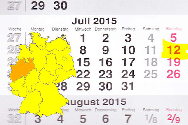 In Nordrhein-Westfalen laden am 12.07.2015 die Orte Bad Sassendorf, Bergisch Gladbach, Rheda-  Wiedenbrück und Steinhagen (teilweise) zum verkaufsoffenen Sonntag ein.