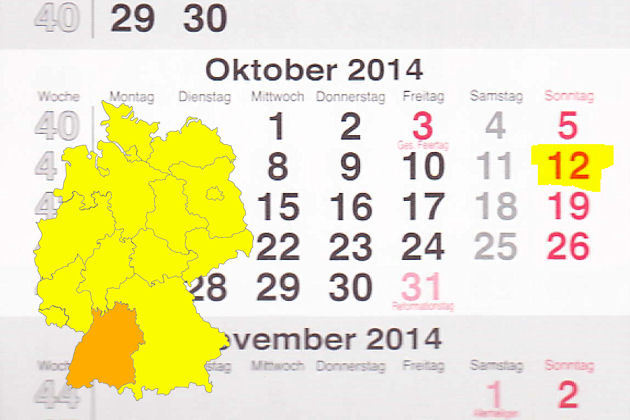 In Baden-Württemberg laden am 12.10.2014 die Orte Bopfingen, Ebersbach an der Fils, Fellbach, Kuppenheim, Lauchringen, Östringen, Plochingen, Sinsheim, Stuttgart und Wertheim zum verkaufsoffenen Sonntag ein.