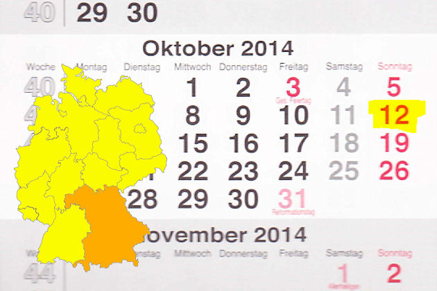 In Bayern laden am 12.10.2014 die Orte Bad Tölz, Bamberg, Freising, Großheubach, Mainburg, Ostheim vor der Rhön, Roth und Starnberg zum verkaufsoffenen Sonntag ein.