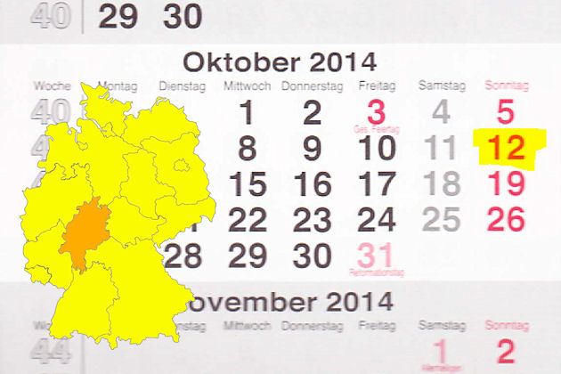 In Hessen laden am 12.10.2014 die Orte Bad Homburg, Frankfurt (Main), Groß-Zimmern, Korbach und Marburg zum verkaufsoffenen Sonntag ein.