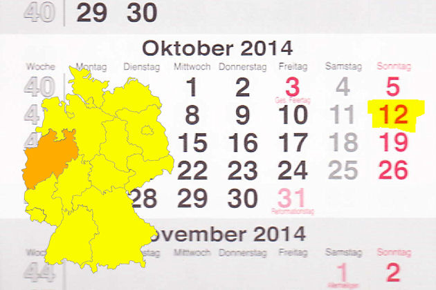 In Nordrhein-Westfalen laden am 12.10.2014 die Orte Anröchte, Bad Lippspringe, Bad Oeynhausen, Bergheim, Bielefeld, Blomberg, Brakel, Burscheid, Datteln, Dormagen, Dülmen, Elsdorf, Eslohe, Geilenkirchen, Gronau, Herford, Hückelhoven, Kaarst, Kalkar, Ke