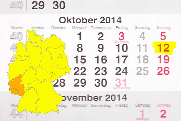 In Rheinland-Pfalz laden am 12.10.2014 die Orte Birkenfeld (Nahe), Bitburg, Kirchheimbolanden, Lahnstein und Mayen zum verkaufsoffenen Sonntag ein. Für das Saarland haben wir nur einen Shoppingsonntag in Wadern gefunden.