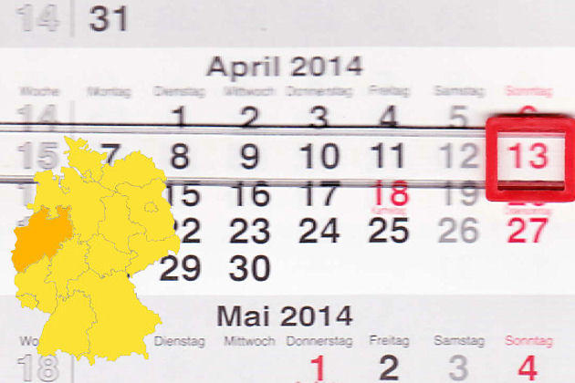 In Nordrhein-Westfalen laden am 13.04.2014 Bad Waldliesborn, Brilon, Burgsteinfurt, Dortmund, Duisburg, Düren, Emmerich am Rhein, Gescher, Gladbeck, Herdecke, Höxter, Langerwehe, Lengerich/ Westf., Lennestadt, Leverkusen-Schlebusch, Linnich, Menden-Lend