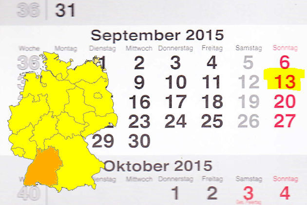 In Baden-Württemberg laden am 13.09.2015 die Orte Aalen, Aglasterhausen, Beuren (bei Nürtingen), Buchen (Odenwald), Ditzingen, Durmersheim, Horb am Neckar, Karlsruhe, Neuenstadt am Kocher, Rheinhausen, Schopfheim, Stuttgart, Tettnang und Waldenbuch (tei
