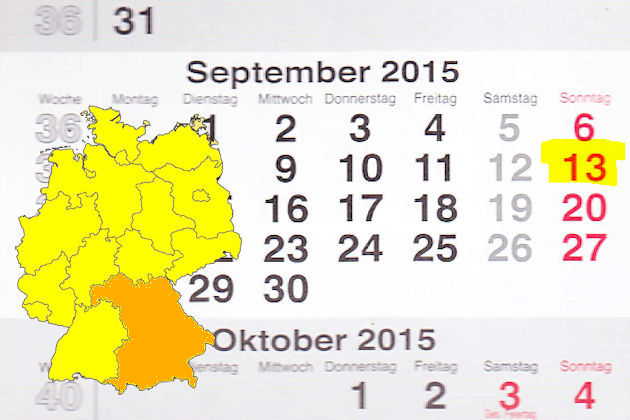 In Bayern laden am 13.09.2015 die Orte Auerbach in der Oberpfalz, Bad Füssing, Deggendorf, Ebermannstadt, Hilpoltstein, Lindau (Bodensee), Markt Schierling, Nittenau, Ochsenfurt, Rain am Lech, Riedenburg und Viechtach(teilweise) zum verkaufsoffenen Sonnt