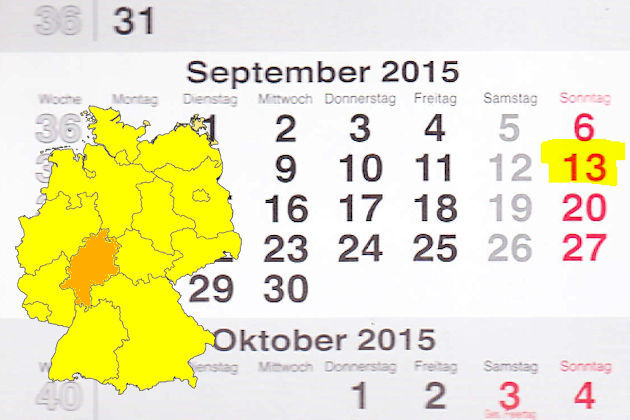 In Hessen laden am 13.09.2015 die Orte Babenhausen, Baunatal, Bensheim, Erbach (Odenwald), Friedrichsdorf, Groß-Umstadt, Herborn, Heringen (Werra), Idstein, Lauterbach (Hessen), Mühlheim am Main, Schwalbach am Taunus, Sontra, Wald-Michelbach und Weilmü