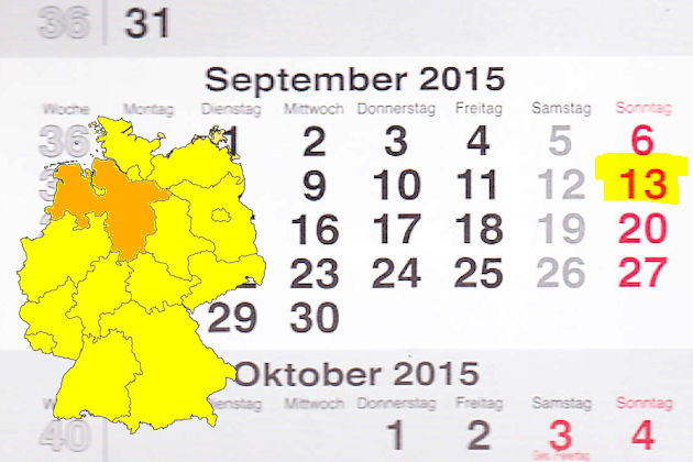 In Niedersachsen laden am 13.09.2015 die Orte Burgwedel, Cloppenburg, Dissen am Teutoburger Wald, Hage, Harsefeld, Haselünne, Hermannsburg, Hesel, Lamstedt, Lohne (Oldenburg), Neustadt am Rübenberge, Peine, Rinteln, Schüttorf, Soltau, Uslar und Winsen 