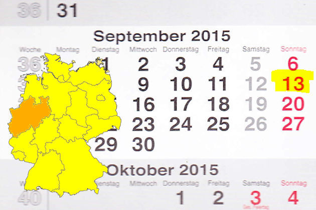 In Nordrhein-Westfalen laden am 13.09.2015 die Orte Alsdorf, Arnsberg, Bergisch Gladbach, Bünde, Burscheid, Dortmund, Dülmen, Düsseldorf, Essen, Euskirchen, Frechen, Hamm, Havixbeck, Heinsberg, Herten, Hille, Kempen, Krefeld, Legden, Meschede, Mönchen