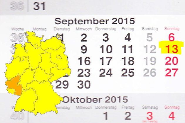 In Rheinland-Pfalz laden am 13.09.2015 die Orte Landstuhl, Mayen, Rockenhausen, Rodalben, Speicher und Wittlich (teilweise) zum verkaufsoffenen Sonntag ein.