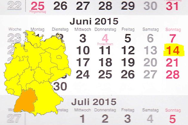 In Baden-Württemberg laden am 14.06.2015 die Orte Geislingen an der Steige, Gschwend, Hardheim, Kandern, Korntal-Münchingen, Limbach (Baden), Marbach am Neckar, Neckarsulm, Rutesheim und Walldorf (Baden) (teilweise) zum verkaufsoffenen Sonntag ein.