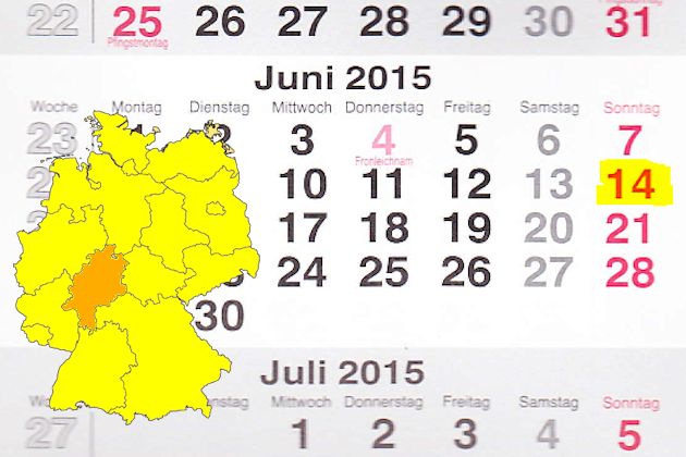 In Hessen laden am 14.06.2015 die Orte Alsfeld, Babenhausen, Bad Soden-Salmünster, Griesheim, Kelsterbach, Kronberg im Taunus und Lampertheim (teilweise) zum verkaufsoffenen Sonntag ein.