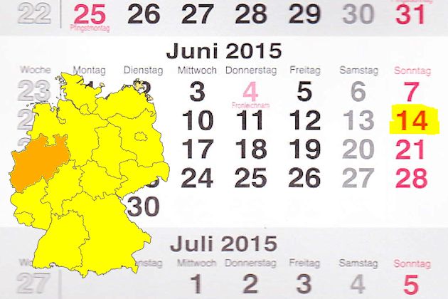 In Nordrhein-Westfalen laden am 14.06.2015 die Orte Bergheim, Bielefeld, Bochum, Bonn, Dormagen,   Duisburg, Düsseldorf, Geilenkirchen, Gelsenkirchen-, Hennef (Sieg), Kirchlengern, Korschenbroich, Lügde,   Monheim am Rhein, Niederkassel, Paderborn, Pulh