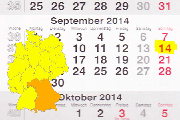 In Bayern laden am 14.09.2014 die Orte Auerbach in der Oberpfalz, Deggendorf, Ebermannstadt, Eichendorf, Hilpoltstein, Ichenhausen, Kleinwallstadt, Nittenau, Nürnberg, Ochsenfurt, Rain am Lech, Regensburg, Stammbach und Viechtach zum verkaufsoffenen Sonn