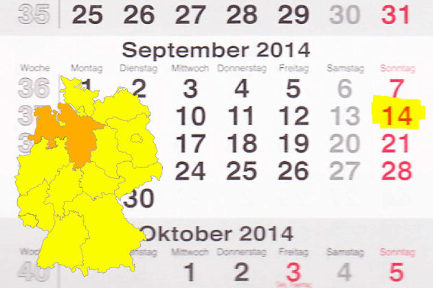 In Niedersachsen laden am 14.09.2014 die Orte Alfeld (Leine), Bardowick, Burgwedel, Cloppenburg, Dissen am Teutoburger Wald, Harsefeld, Haselünne, Lohne (Oldenburg), Neustadt am Rübenberge, Ostercappeln, Papenburg, Peine, Rinteln, Schüttorf, Uslar, Var