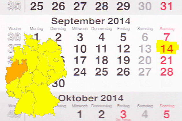 In Nordrhein-Westfalen laden am 14.09.2014 die Ahaus, Ahlen, Alsdorf, Arnsberg, Bergisch Gladbach, Bochum, Dülmen, Düsseldorf, Essen, Gevelsberg, Hamm, Havixbeck, Heinsberg, Herne, Herten, Hille, Kerpe, Kirchlengern, Krefeld, Mönchengladbach, Oberhause