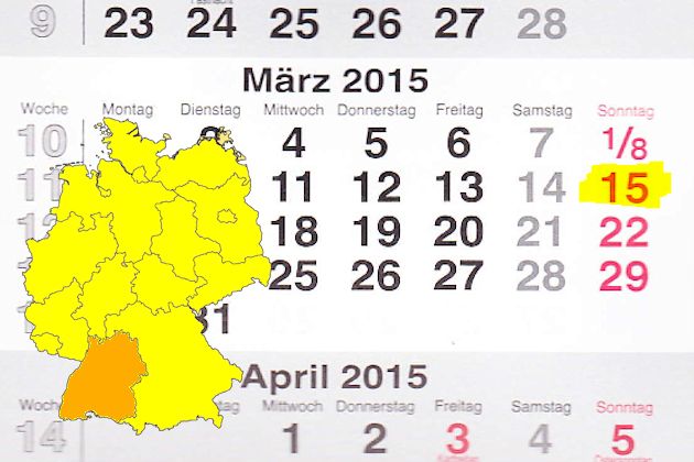 In Baden-Württemberg laden am 15.03.2015 die Orte Albstadt, Auggen, Bietigheim-Bissingen, Brühl (Baden), Eberbach, Ellwangen, Ettlingen, Gaggenau, Gengenbach, Haigerloch, Karlsbad, Kenzingen, Ladenburg, Lauda-Königshofen, Magstadt, Radolfzell, Renchen,