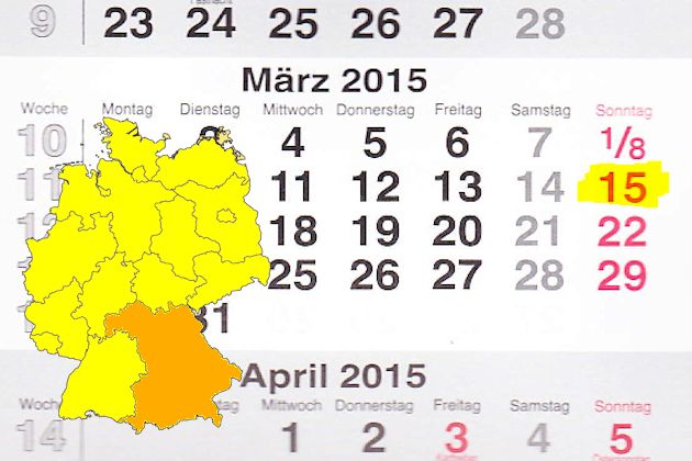 In Bayern laden am 15.03.2015 die Orte Arnstein, Berching, Buttenwiesen, Donauwörth, Dorfen, Ebern, Fürth, Großwallstadt, Herrieden, Hilpoltstein, Kelheim, Kronach, Mering, Neustadt an der Aisch, Nittenau, Nördlingen, Pappenheim, Pfaffenhofen an der I