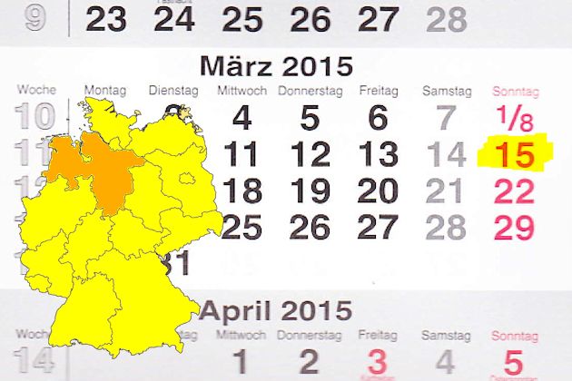 In Niedersachsen laden am 15.03.2015 die Orte Bückeburg, Himmelpforten, Lastrup, Lehrte, Salzhausen, Schapen, Visbek und Wittmund zum verkaufsoffenen Sonntag ein.