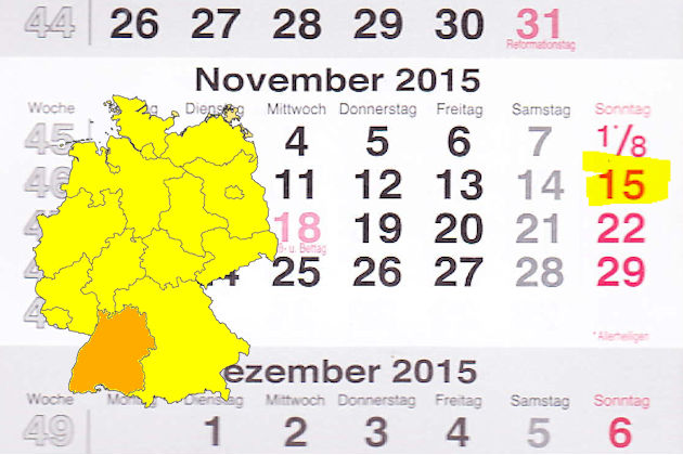 In Baden-Württemberg laden am 15.11.2015 die Orte Oberkochen, Pforzheim, Pfullingen, Rheinstetten, Sontheim an der Brenz, Spraitbach, Stockach, Stuttgart und Waldkirch (teilweise) trotz Volkstrauertag zum verkaufsoffenen Sonntag ein.
