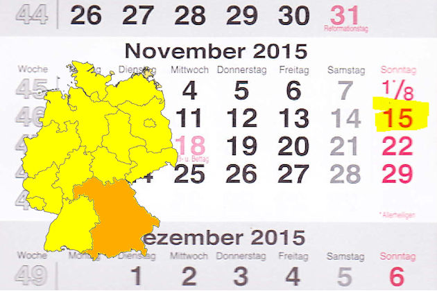 In Bayern laden am 15.11.2015 die Orte Dorfen, Grafenau, Jettingen-Scheppach, Lauingen (Donau), Münchberg, Neubrunn, Neuötting, Ortenburg, Osterhofen, Sulzbach-Rosenberg, Tittmonig, Trostberg und Wunsiedel (teilweise) trotz Volkstrauertag zum verkaufsof