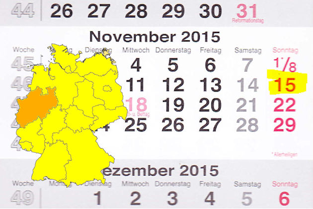 In Nordrhein-Westfalen laden am 15.11.2015 die Orte Frechen und Hamminkeln (teilweise) trotz Volkstrauertag zum verkaufsoffenen Sonntag ein.