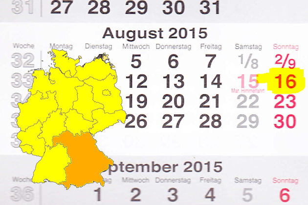 In Bayern laden am 16.08.2015 die Orte Bobingen, Hirschaid und Marktheidenfeld (teilweise) zum verkaufsoffenen Sonntag ein.