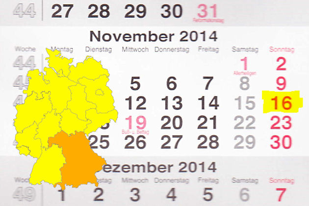 In Bayern laden am 16.11.2014 die Orte Dorfen, Grafenau, Jettingen-Scheppach, Lauingen (Donau), Münchberg, Neubrunn, Osterhofen, Sulzbach-Rosenberg, Trostberg, Wunsiedel zum verkaufsoffenen Sonntag ein.