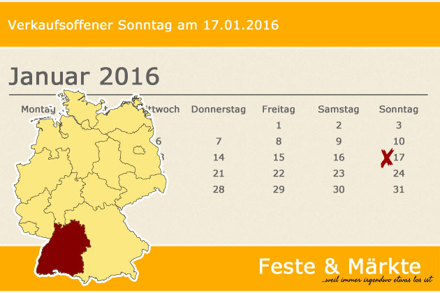 In Baden-Württemberg lädt am 17.01.2016 nur Blaufelden-Wiesenbach zum verkaufsoffenen Sonntag ein.