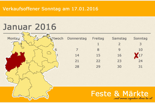 In Nordrhein-Westfalen haben wir für den 17.01.2016 leider keine regulären verkaufsoffenen Sonntage gefunden, dafür haben wir aber spezielle Shoppingtipps für Dortmund, Düsseldorf, Essen und Köln sowie für die grenznahen Regionen.