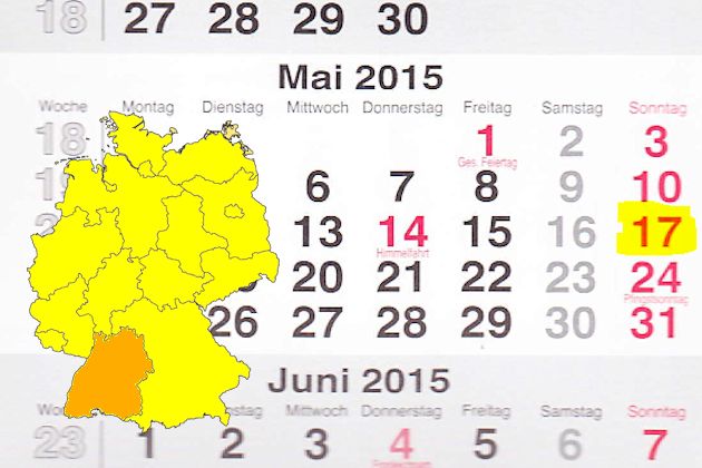 In Baden-Württemberg laden am 17.05.2015 die Orte Dielheim, Eberbach, Endingen am Kaiserstuhl, Gingen an der Fils, Hechingen, Karlsdorf-Neuthard, Kehl, Langenau, Lauda-Königshofen, Mühlacker, Sinsheim, Winnenden und Zell am Harmersbach (teilweise) zum 