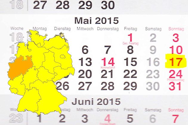 In Nordrhein-Westfalen laden am 17.05.2015 die Orte Arnsberg, Bergheim, Blomberg, Brakel, Datteln, Delbrück, Dortmund, Duisburg, Gevelsberg, Greven, Hamm, Herne, Herten, Herzogenrath, Kaarst, Kerpen, Kreuztal, Leverkusen, Lünen, Münster, Recklinghausen