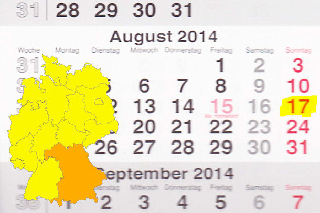 In Bayern laden am 17.08.2014 die Orte Bodenmais, Hirschaid, Marktheidenfeld, Neunburg vorm Wald, Niederviehbach und Rennertshofen zum verkaufsoffenen Sonntag ein.