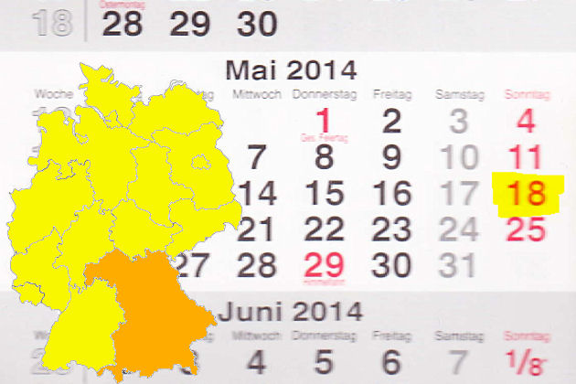 In Bayern laden am 18.05.2014 die Orte Anger, Feucht, Lindau, Mainburg, Marktoberdorf, Naila, Nürnberg, Starnberg, Stein und Wolnzach zum verkaufsoffenen Sonntag ein.